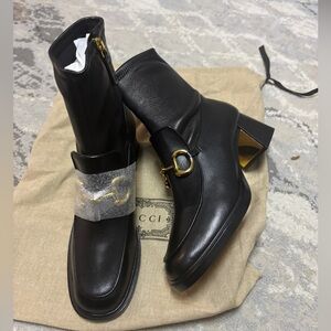 New Gucci Horsebit Quentin Stretch Chunk Heel Booties Boots Black 719830